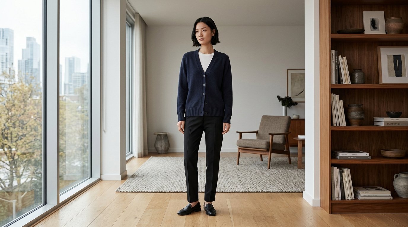 올블랙 코디의 기본가디건 착장 모습