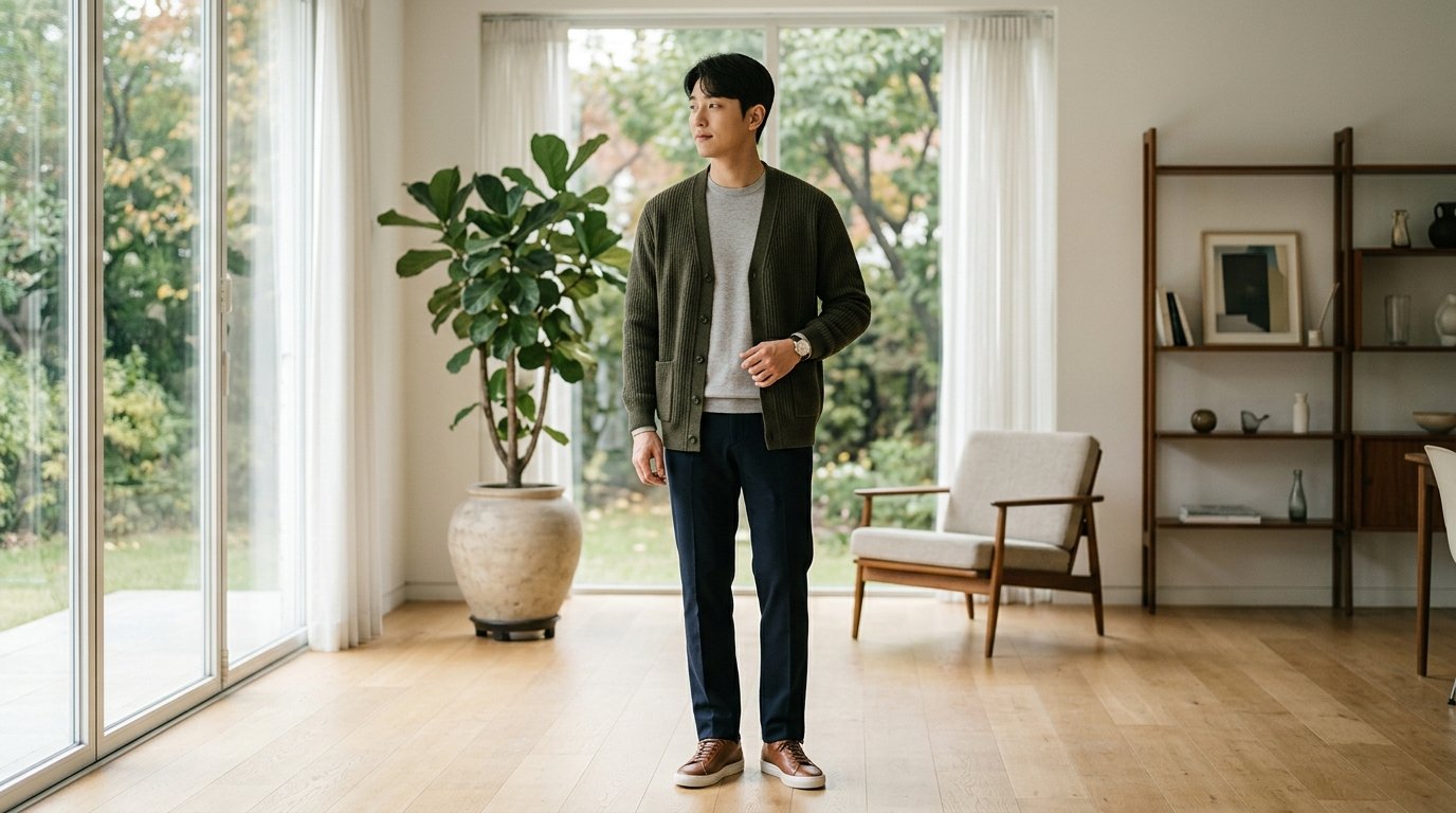 각기 다른 색상의 가디건 입은 모델들이 공원에서 함께 있는 모습