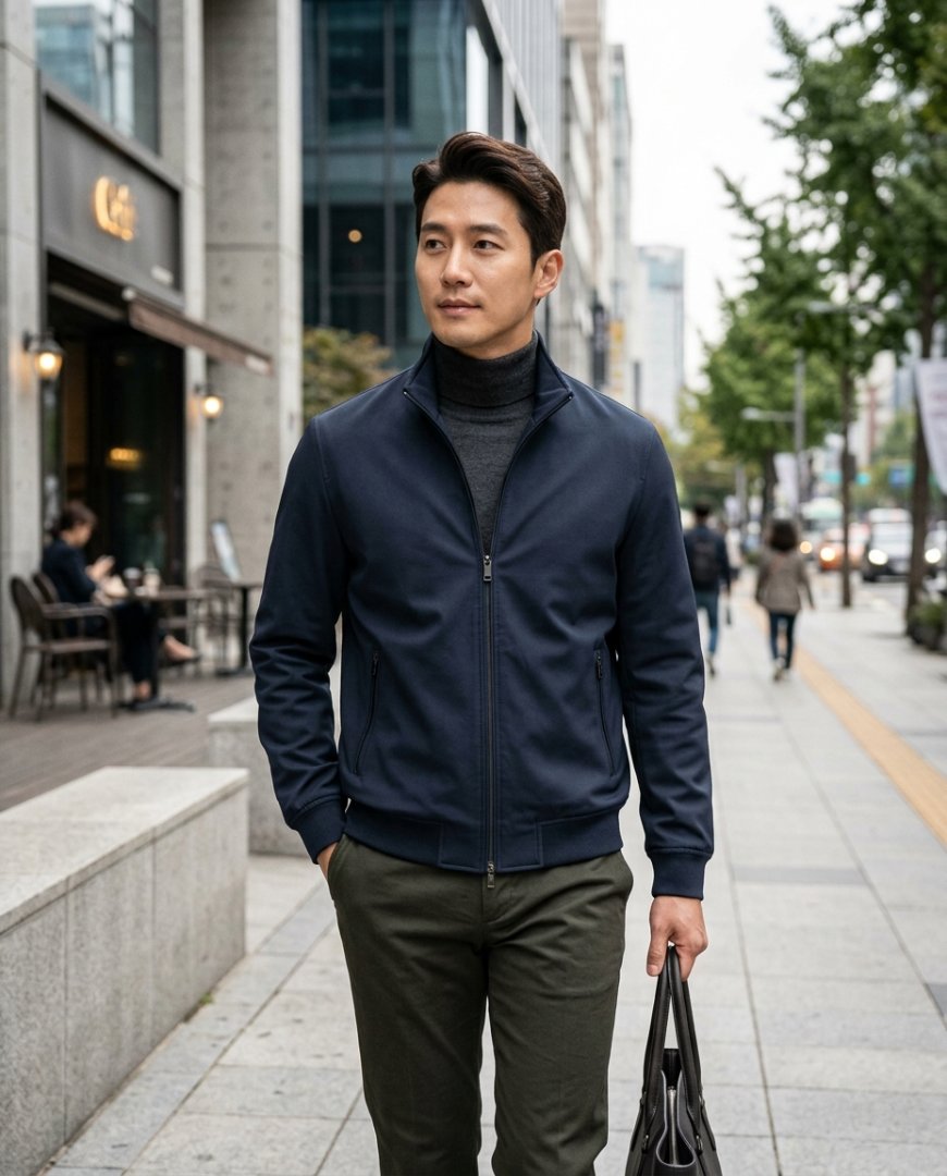 세련된 도시 스타일의 캐주얼 점퍼와 슬랙스 차림