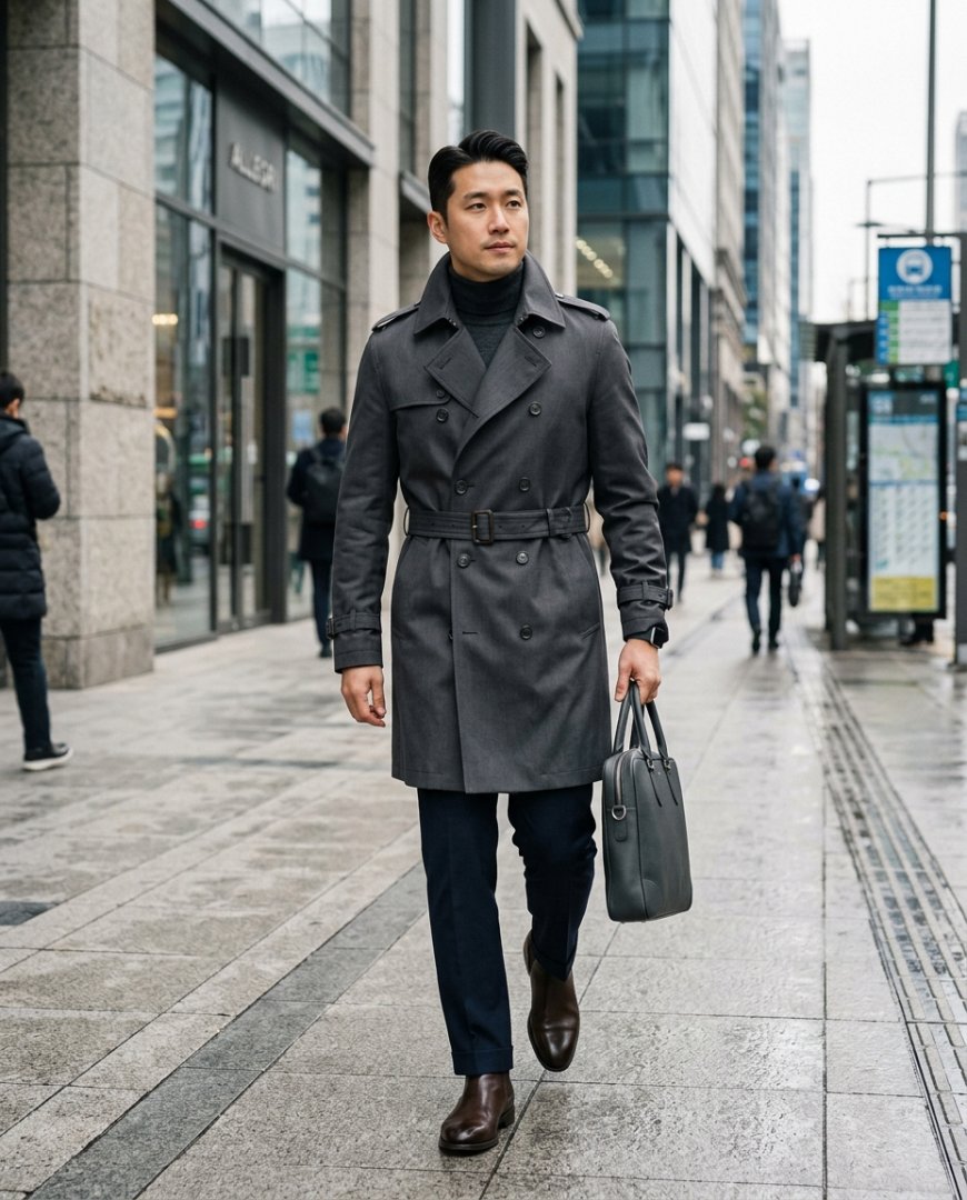 사무실에서 트렌치코트를 입은 남자의 모습