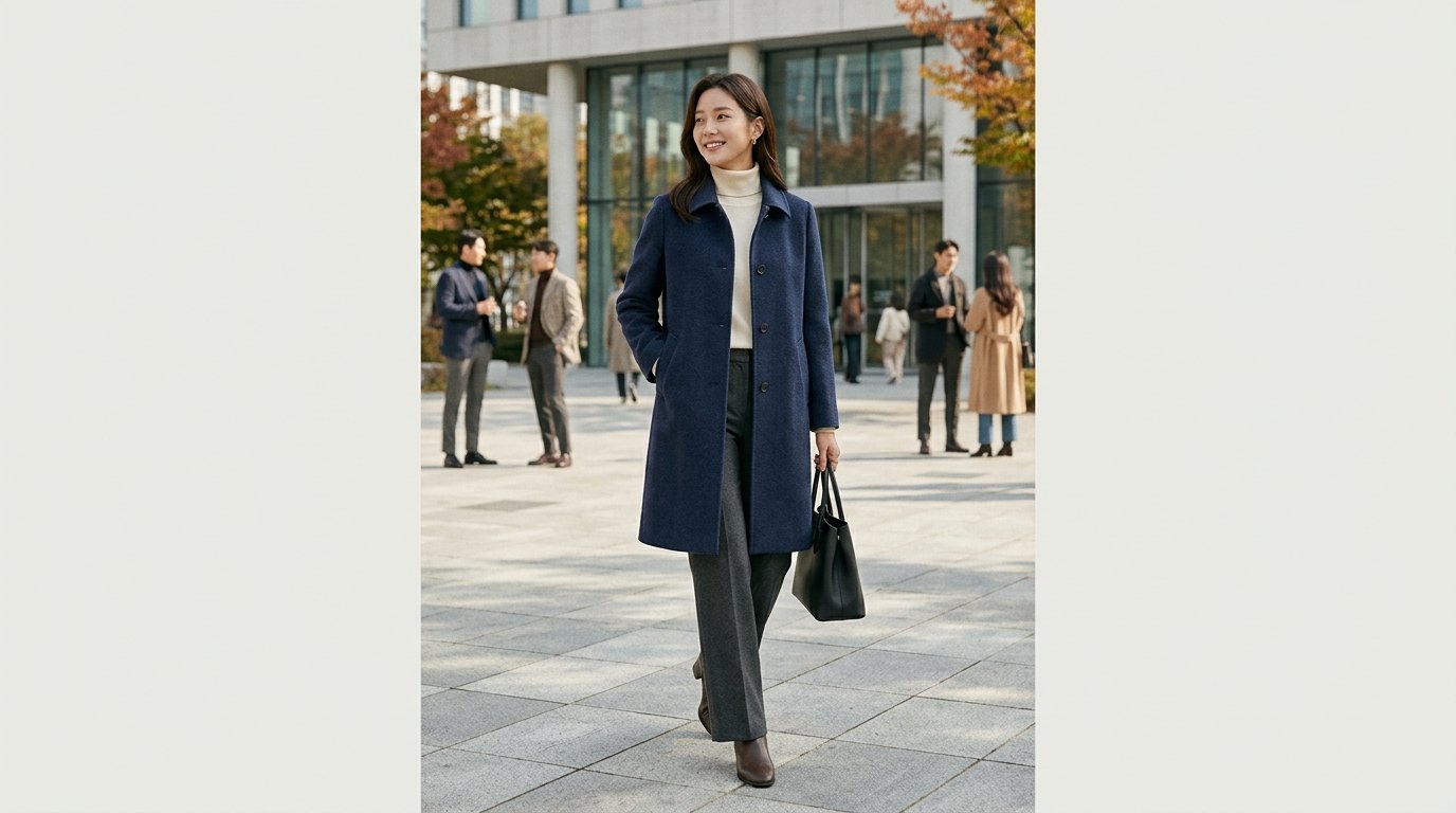 고층 건물이 배경인 현대 도시의 스타일리시한 남성 하프코트 착장