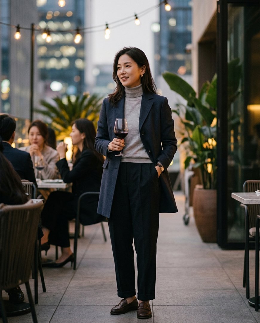 블랙 하프자켓과 짙은 색의 셔츠로 세련된 저녁 룩 연출.