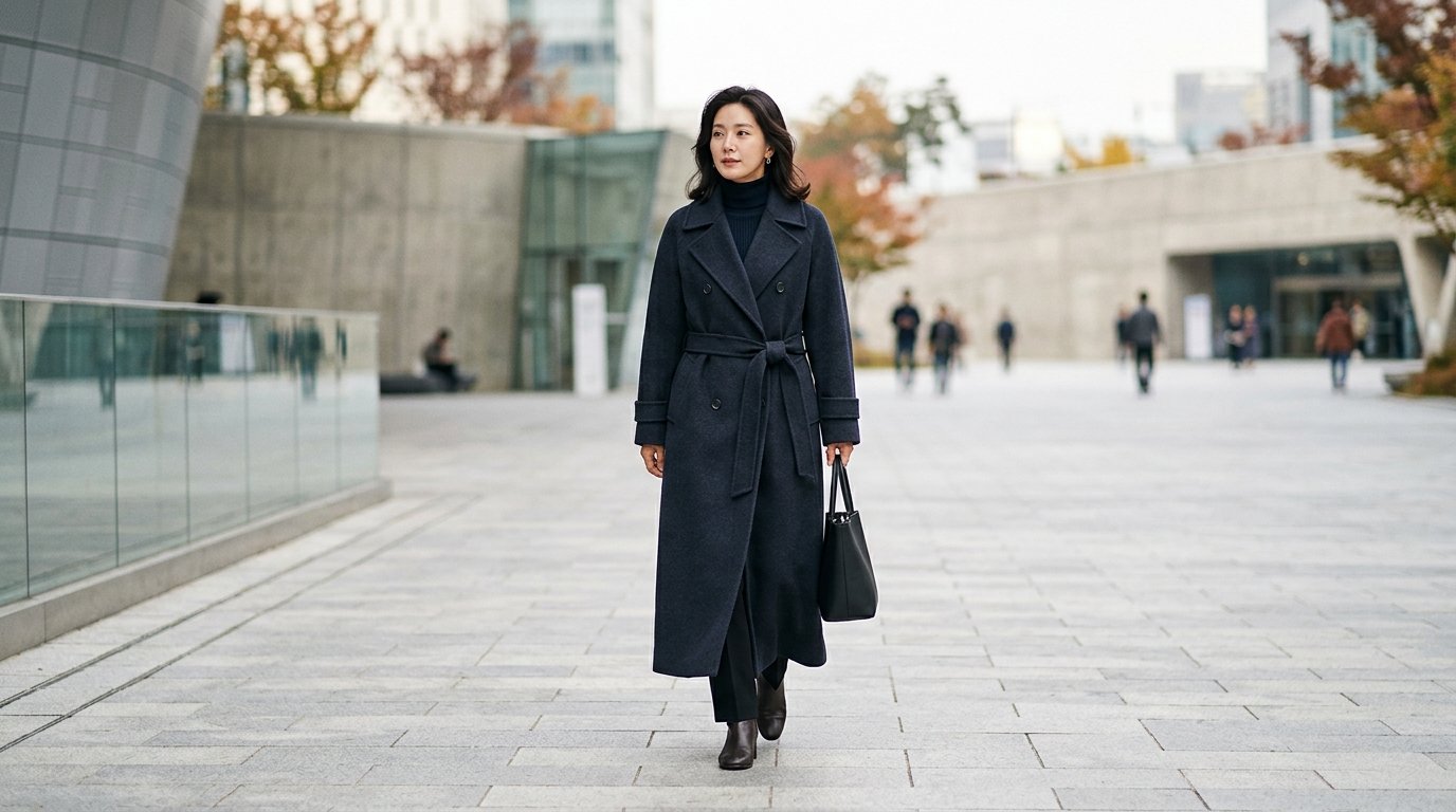 여러 모델이 롱코트를 입고 도시 거리를 걷는 장면