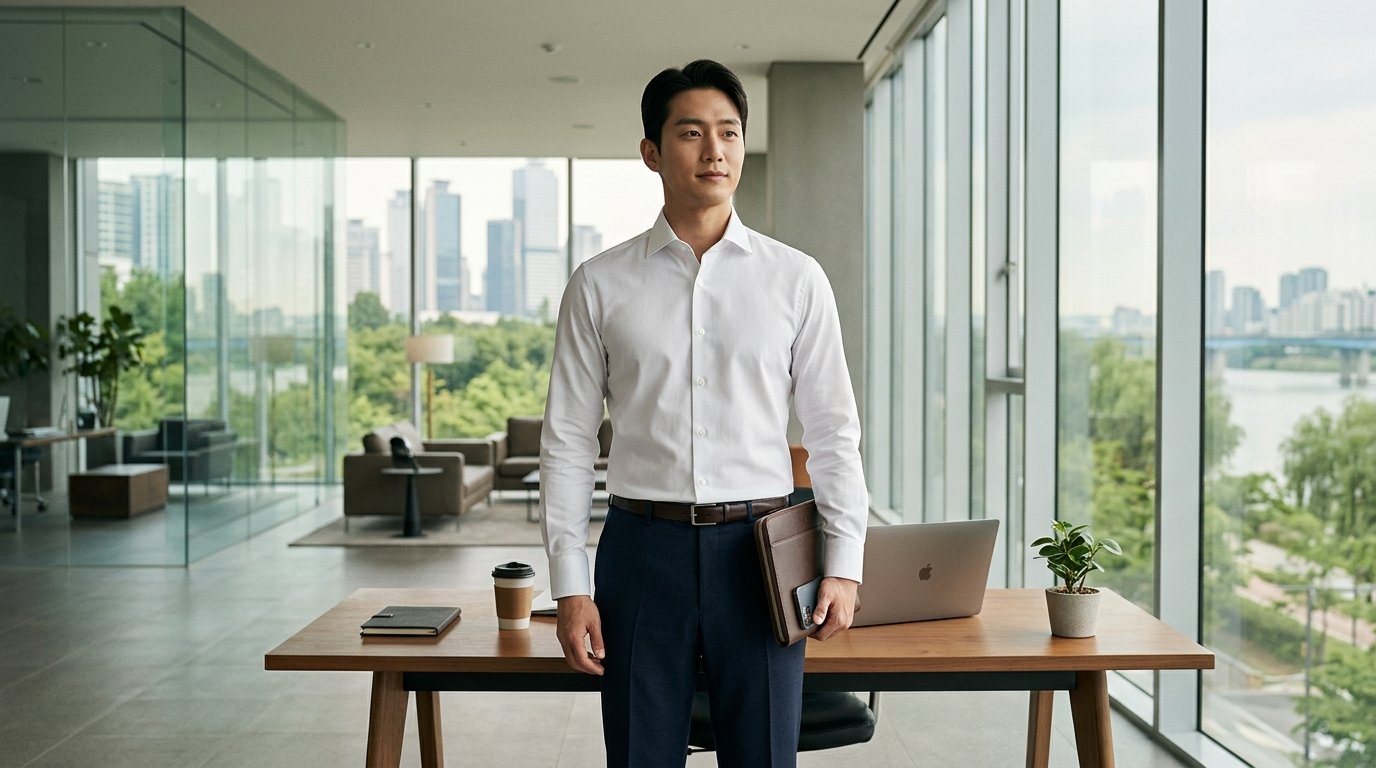 도시 환경 속 우아한 드레스 셔츠 차림의 남성 모습