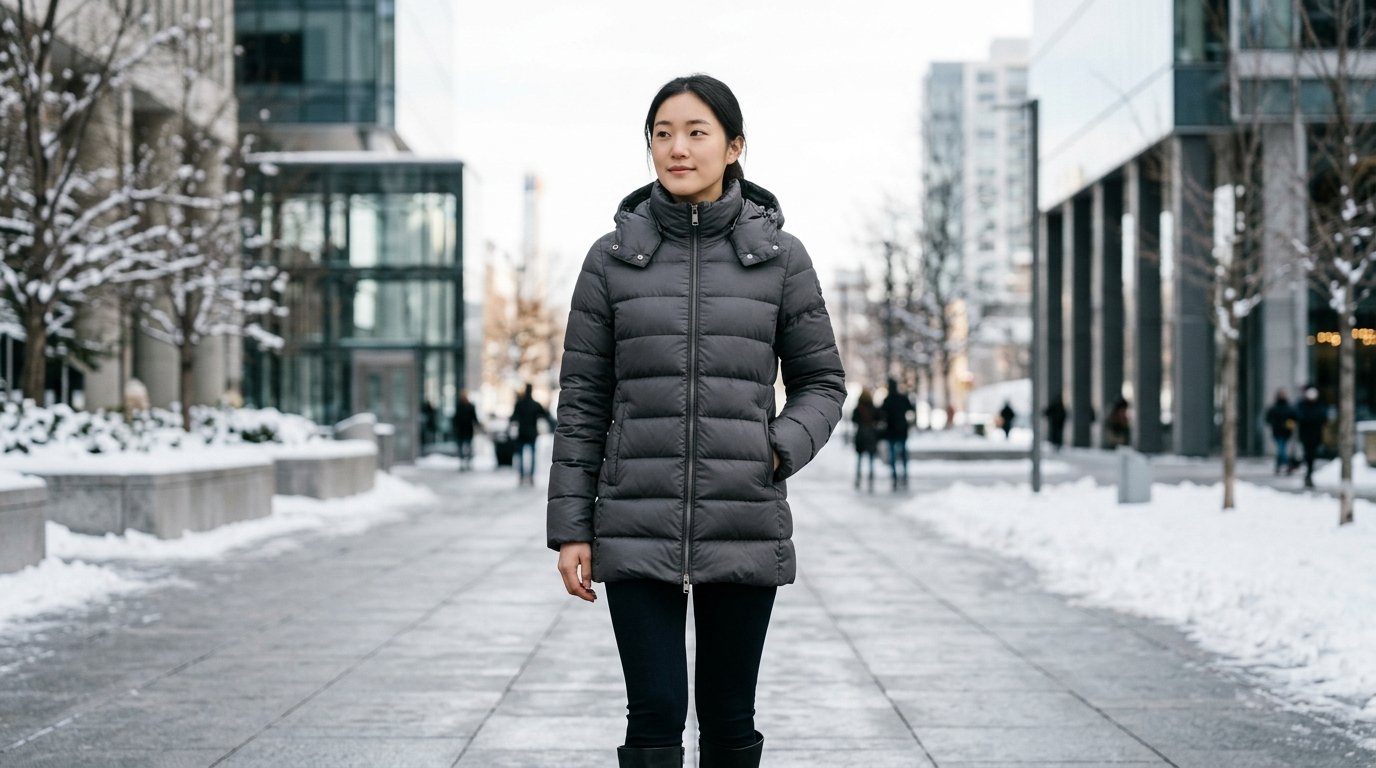 도시 거리를 배경으로 다양한 패딩 스타일을 보여주는 이미지.