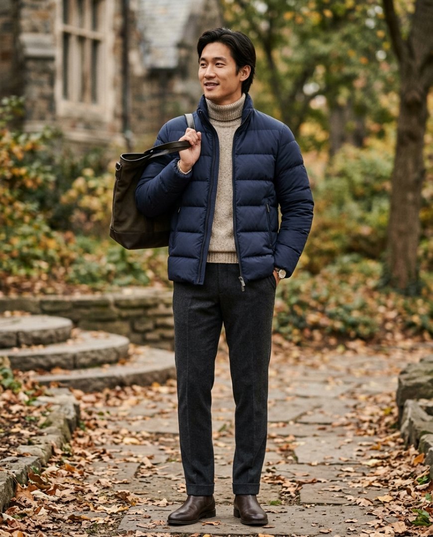 카페 테라스에서 데님과 스니커즈에 매치한 패딩을 입고 있는 모습