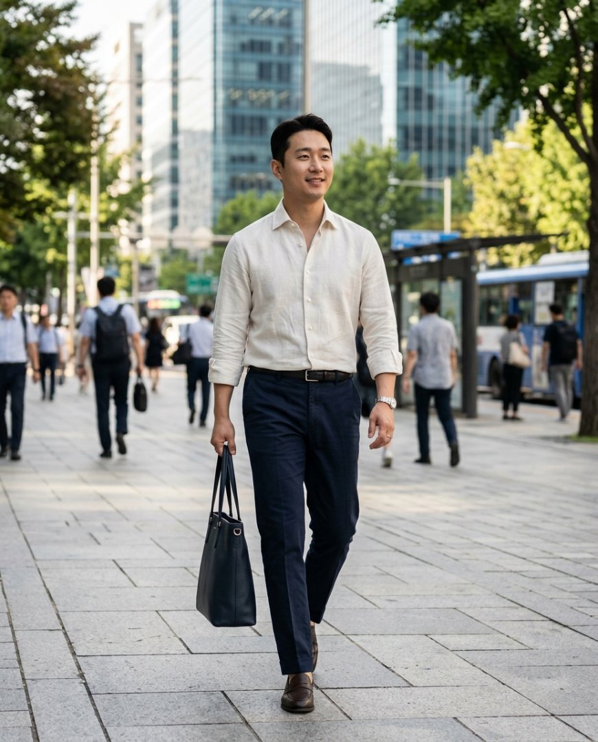 카페에서 셔츠와 데님 팬츠 입고 있는 모습