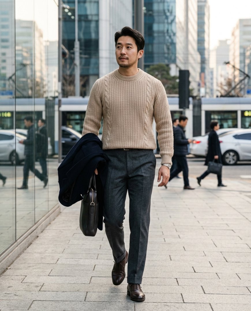 소파에 앉아 비즈니스룩을 완성한 모습