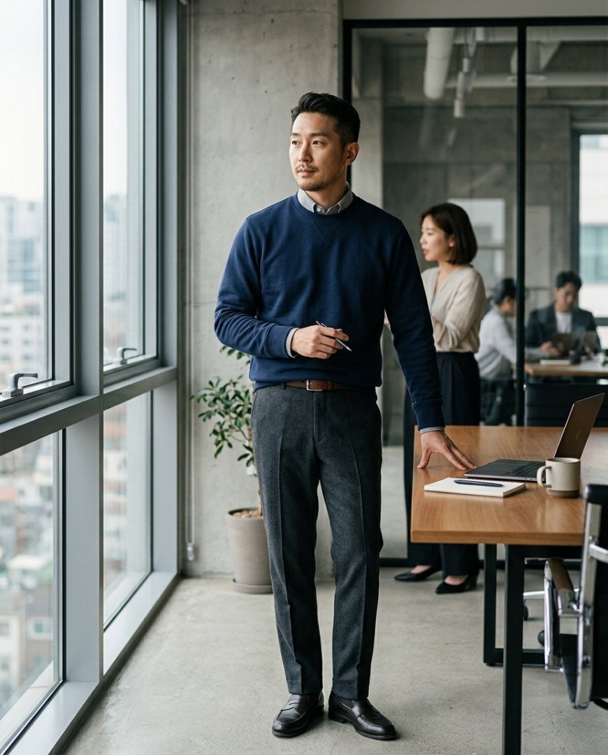 로퍼와 슬랙스 입은 모델의 사무실 착장