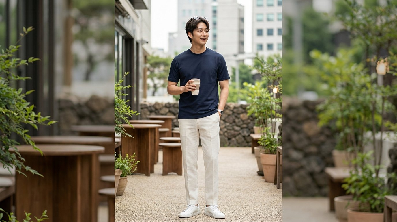 베이지와 블루 등 다양한 색상 티셔츠가 진열된 모습