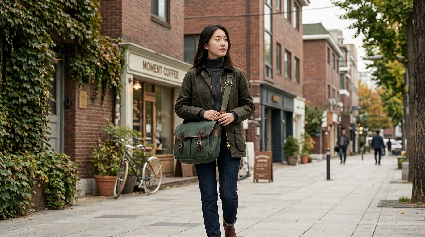 도심 거리에서 캐주얼하게 스타일링한 크로스백