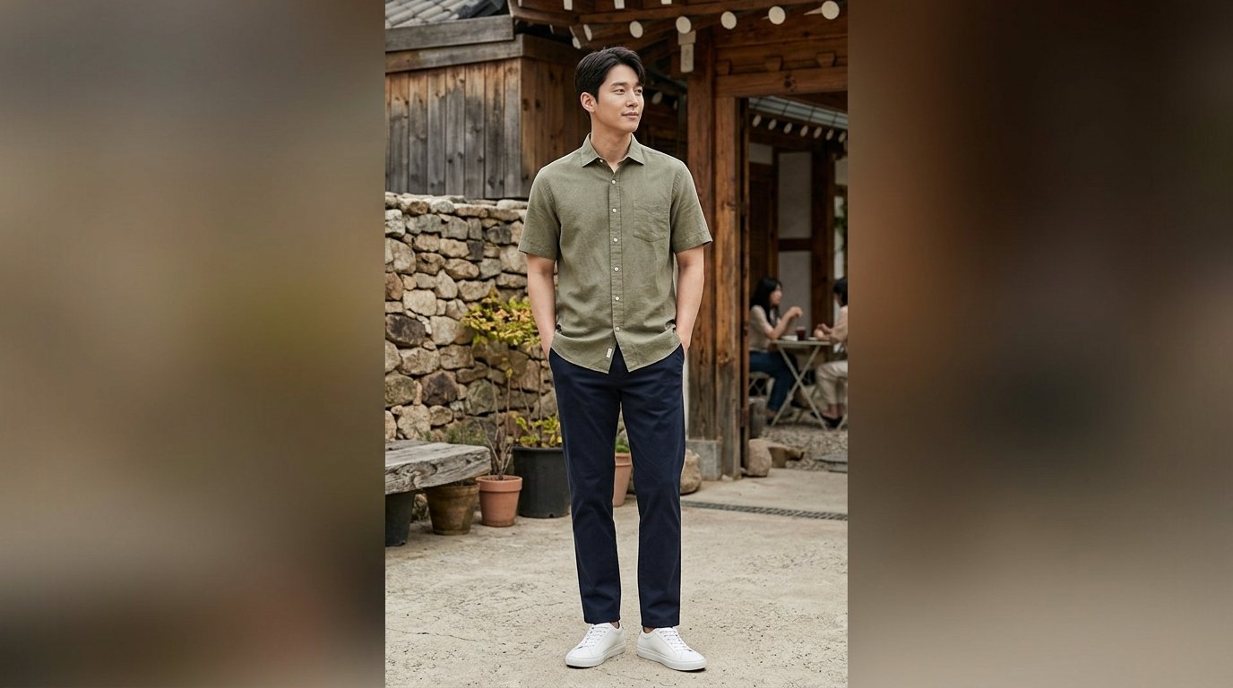 도심 거리에서 반팔 셔츠를 입은 남성 모습
