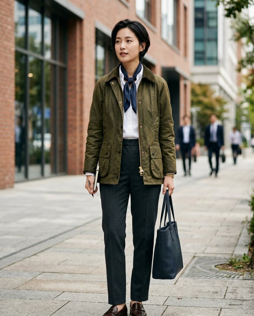 블랙 자켓과 슬랙스를 입고 세련된 스타일링을 한 여성