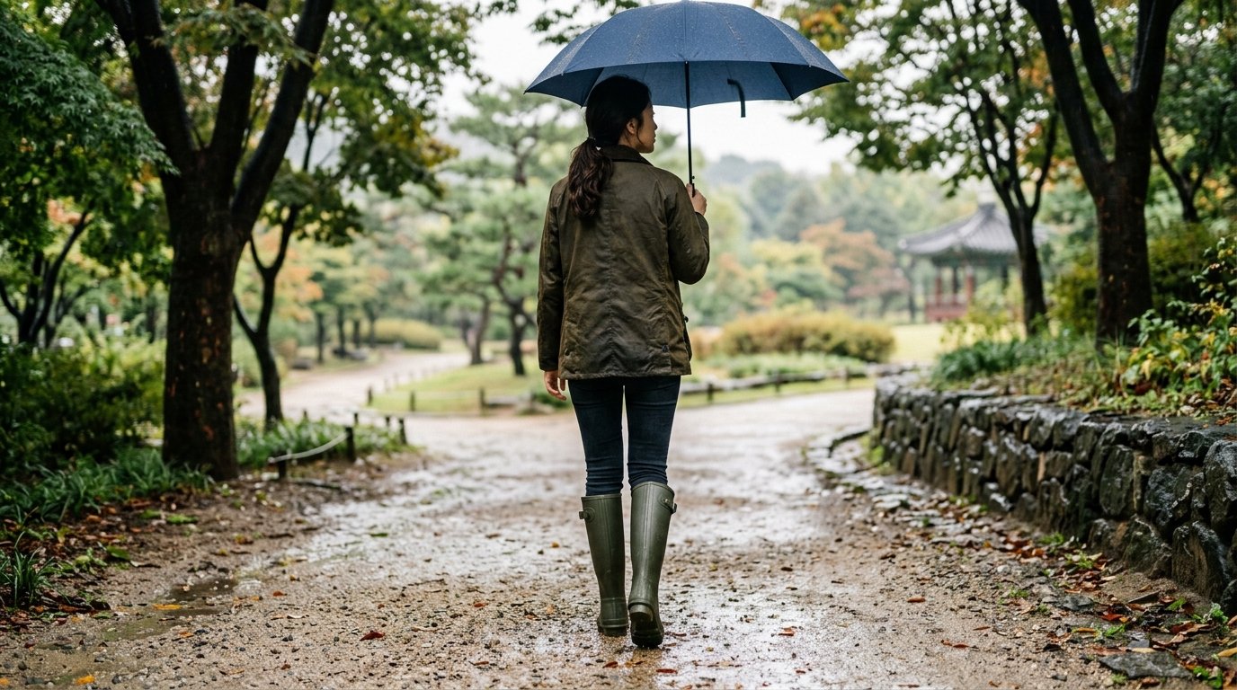 다양한 색상의 레인부츠가 도시 풍경에 놓여 있습니다