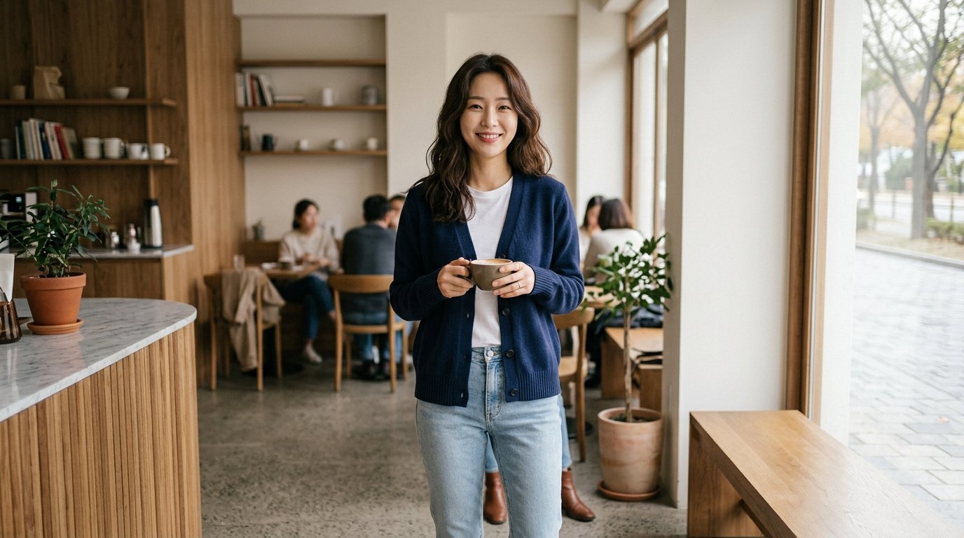 도시 거리에서 클래식과 모던함이 어우러진 스타일의 가디건을 입은 모습입니다.