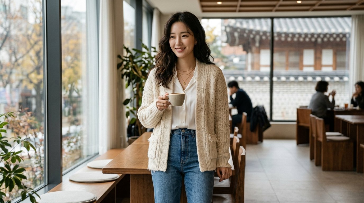 도심 거리에서 다양한 가디건을 입은 모델들