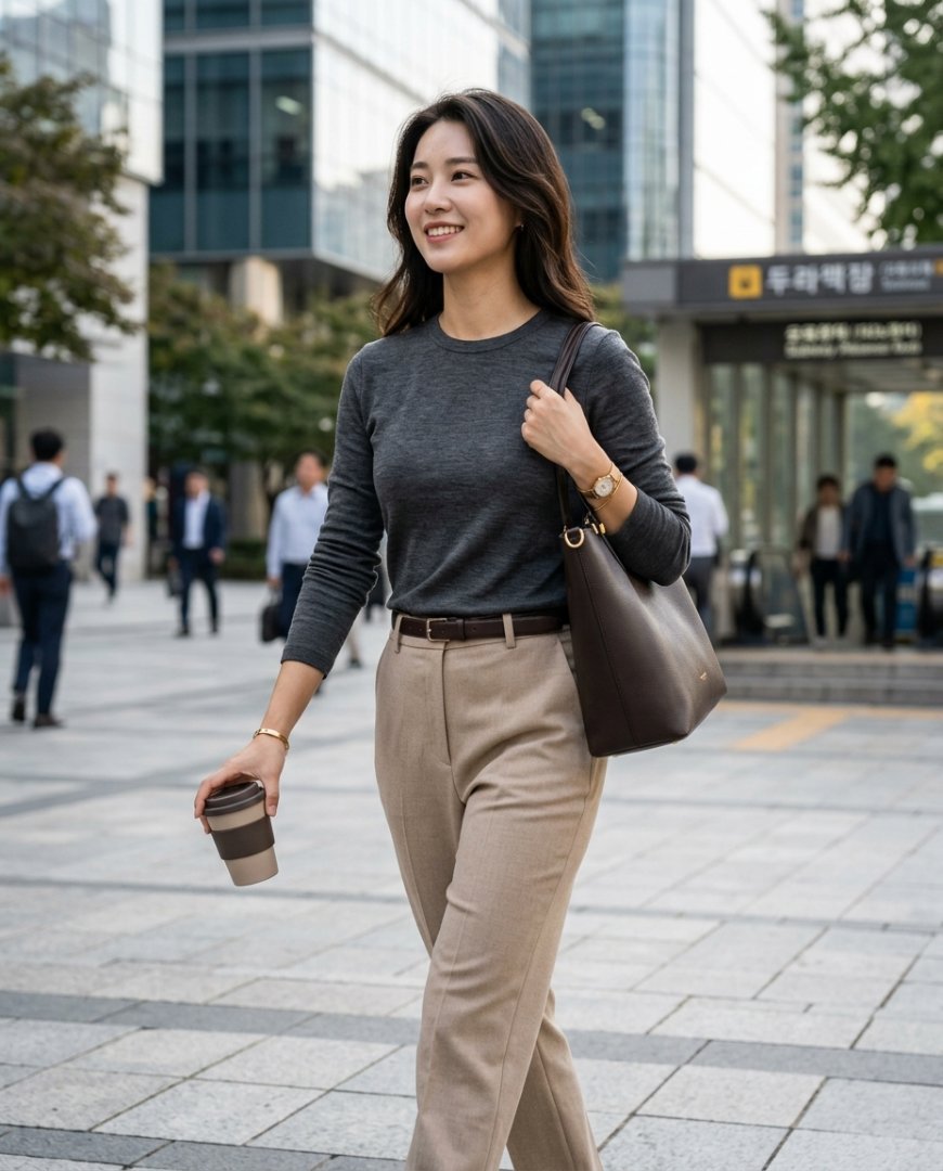긴팔 티셔츠와 슬랙스를 매치해 세련된 오피스룩으로 연출한 모습