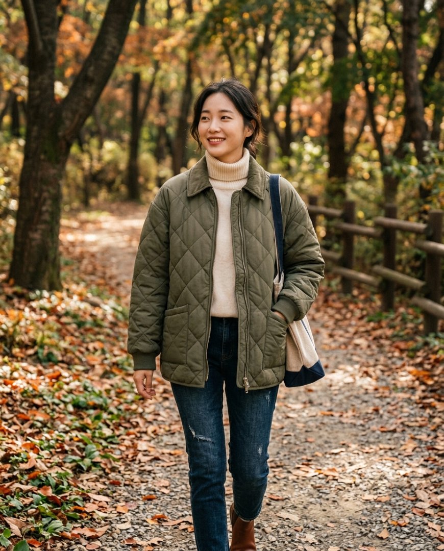 공원에서 퀼팅자켓과 데님을 착용한 인물