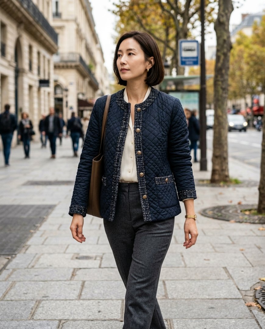 사무실에서 퀼팅자켓과 슬랙스를 입고 있는 직장인