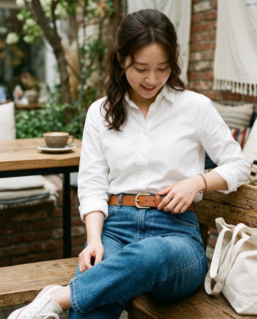 데님 팬츠에 걸쳐진 브라운 벨트