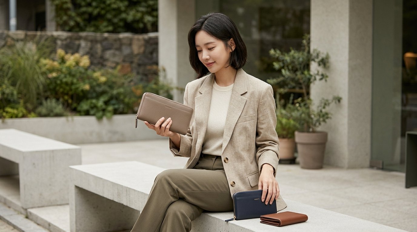 고급 매장에 다양한 가죽 지갑 진열된 모습