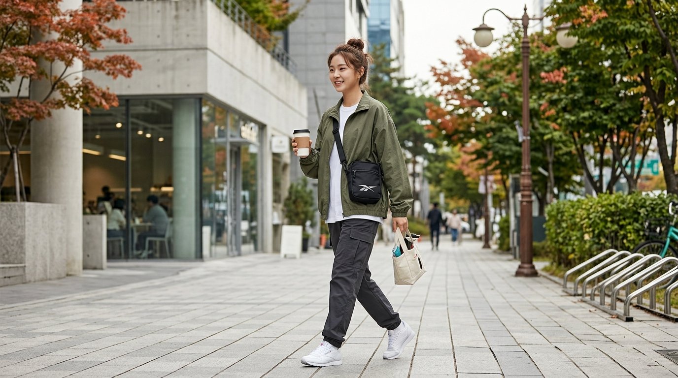 도심 배경에 다양한 크로스백이 배치된 모습