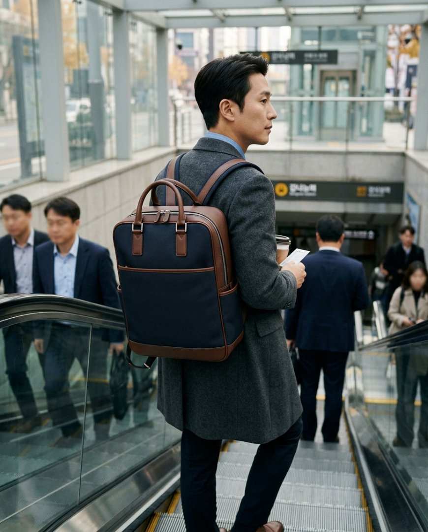 슬랙스와 재킷을 입은 남자가 블랙 백팩을 매치함