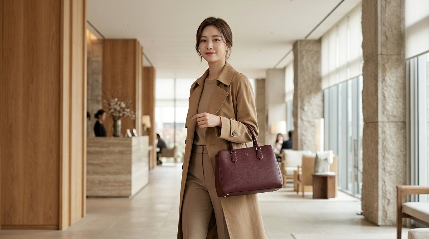 다양한 크기의 가방들이 쇼핑몰에 진열된 장면