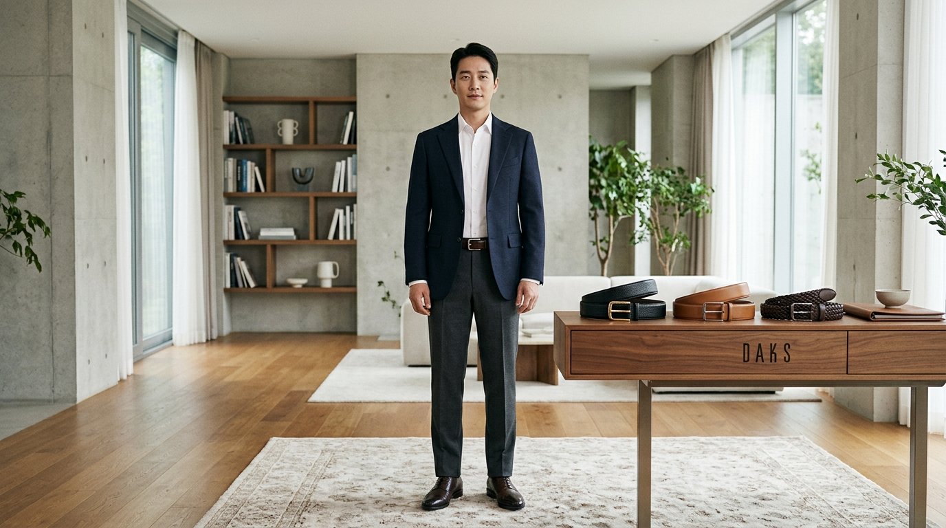남성들이 다양한 스타일의 벨트를 착용한 모습이 도시 배경 속에 펼쳐져 있습니다.