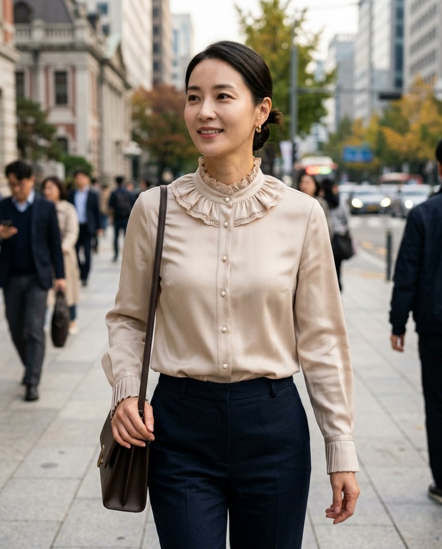고풍스러운 거실에서 클래식 블라우스를 입은 직장인