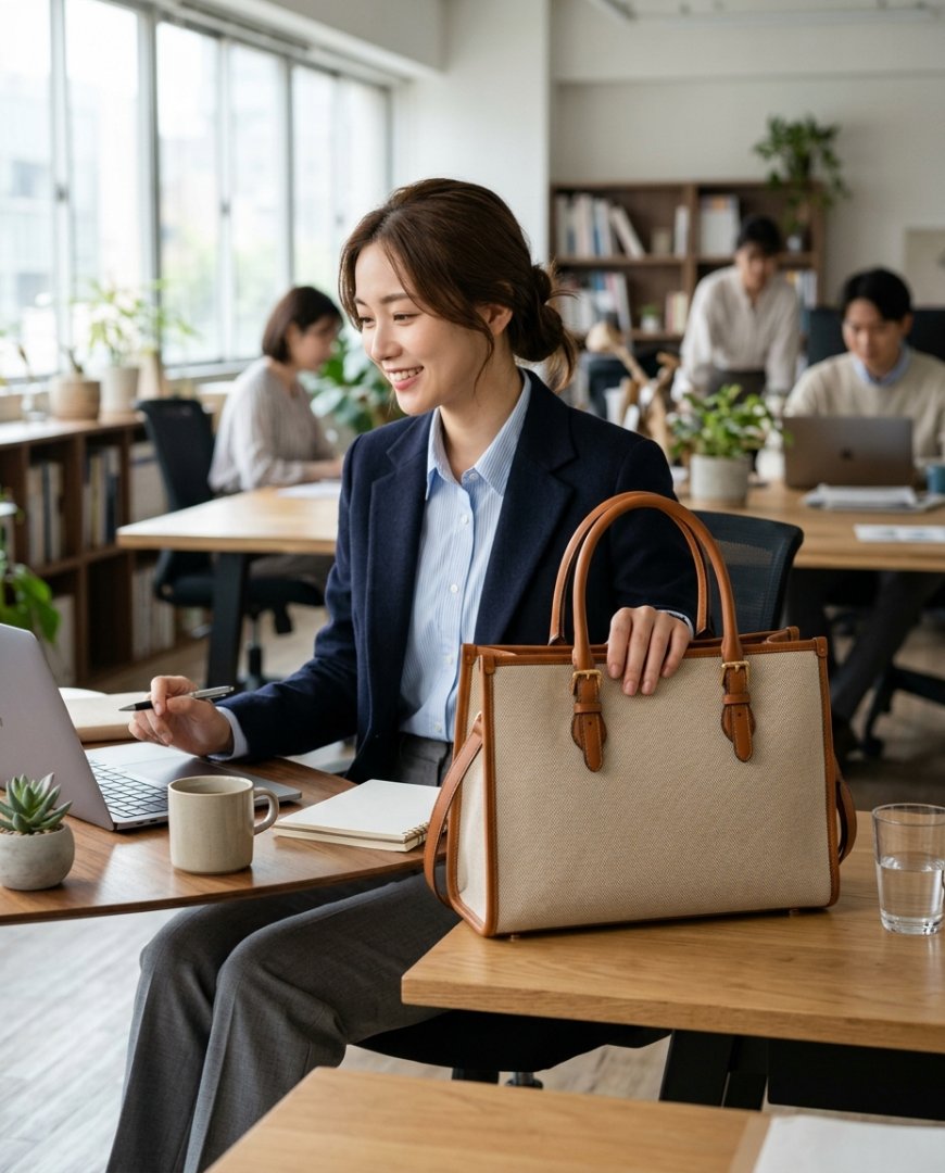 사무실 책상 위에 놓인 캔버스 토트백과 노트북