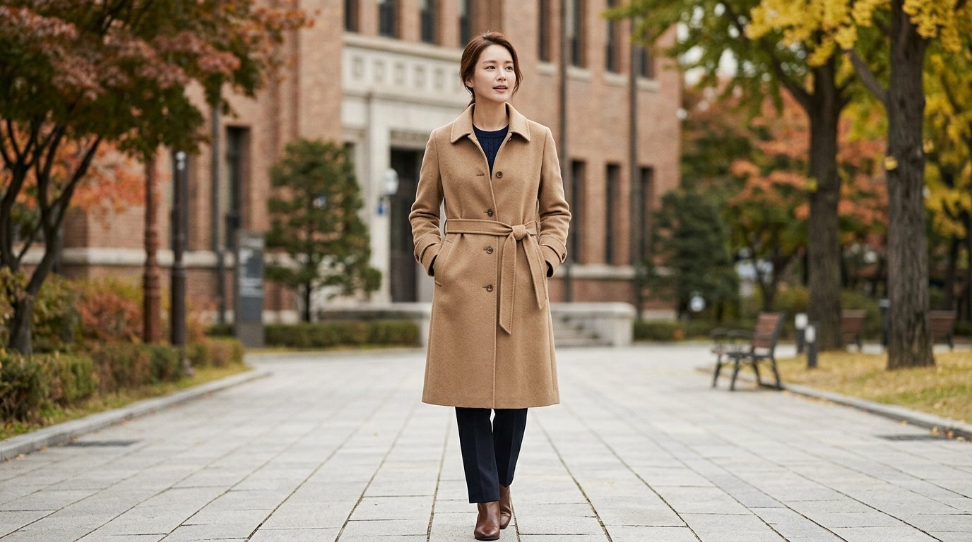 패션 쇼룸에서 다양한 코트들이 전시된 모습