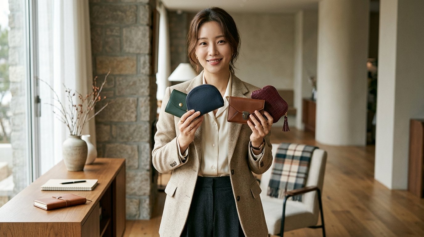 서로 다른 스타일의 동전지갑이 줄지어 펼쳐진 모습