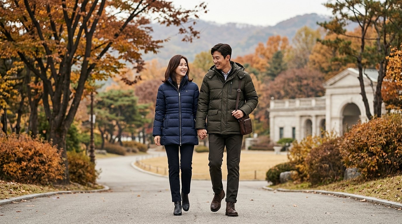 도시 배경의 다운점퍼를 입은 모델