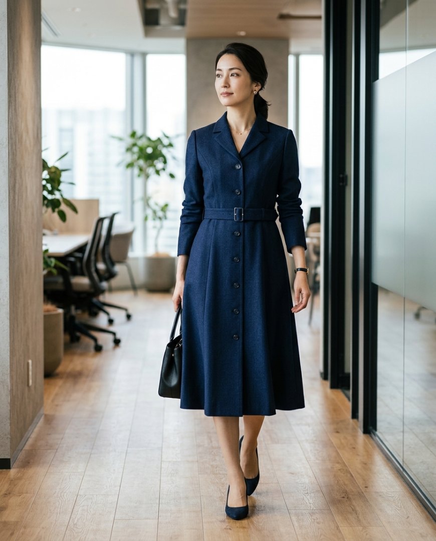 오피스에서 원피스를 입고 대화 중인 두 여성.