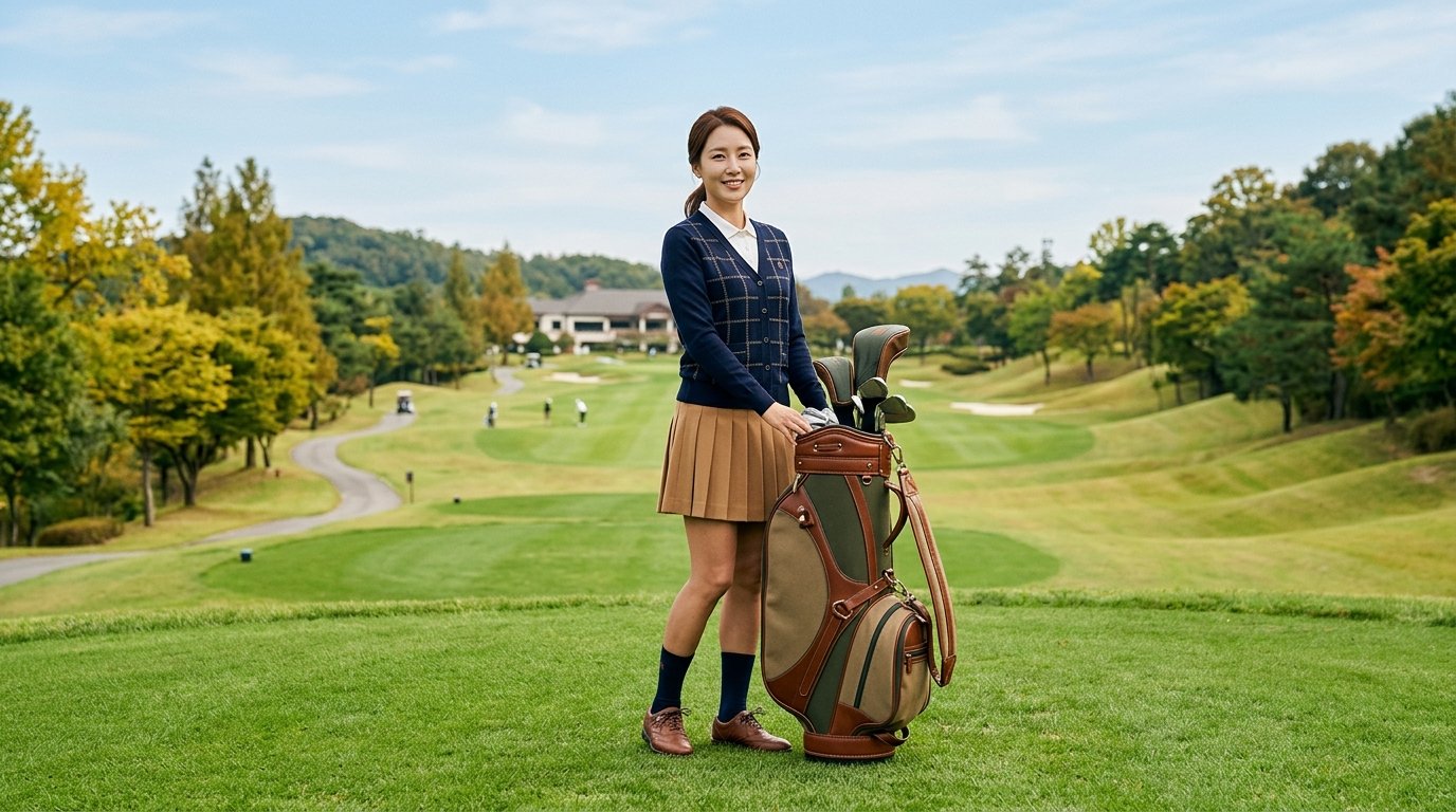 골프장에서 여러 색상의 캐디백 진열 모습