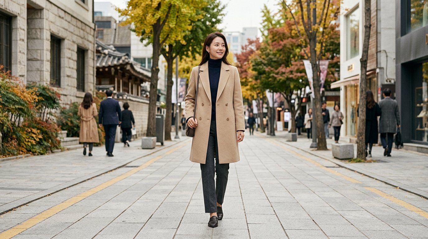 대리석 바닥에서 베이지 하프코트를 입은 모델 모습
