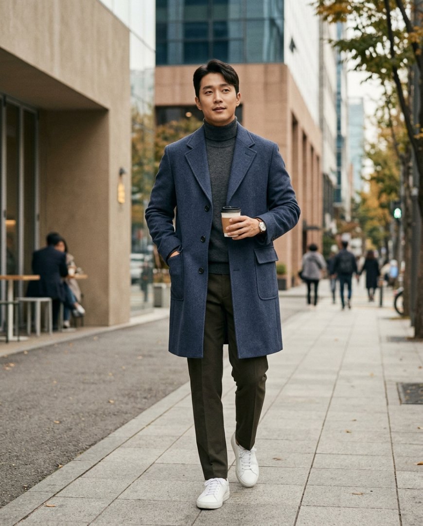 도시 거리에서 데님과 스니커즈와 결합된 캐시미어 하프코트