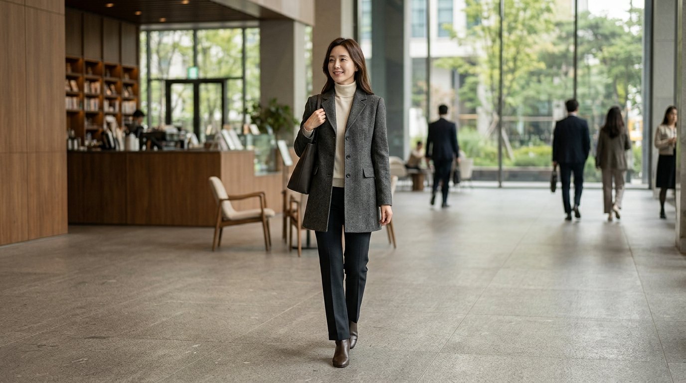도심의 배경에 하프자켓을 입은 사람들이 다양한 스타일을 연출하고 있습니다.