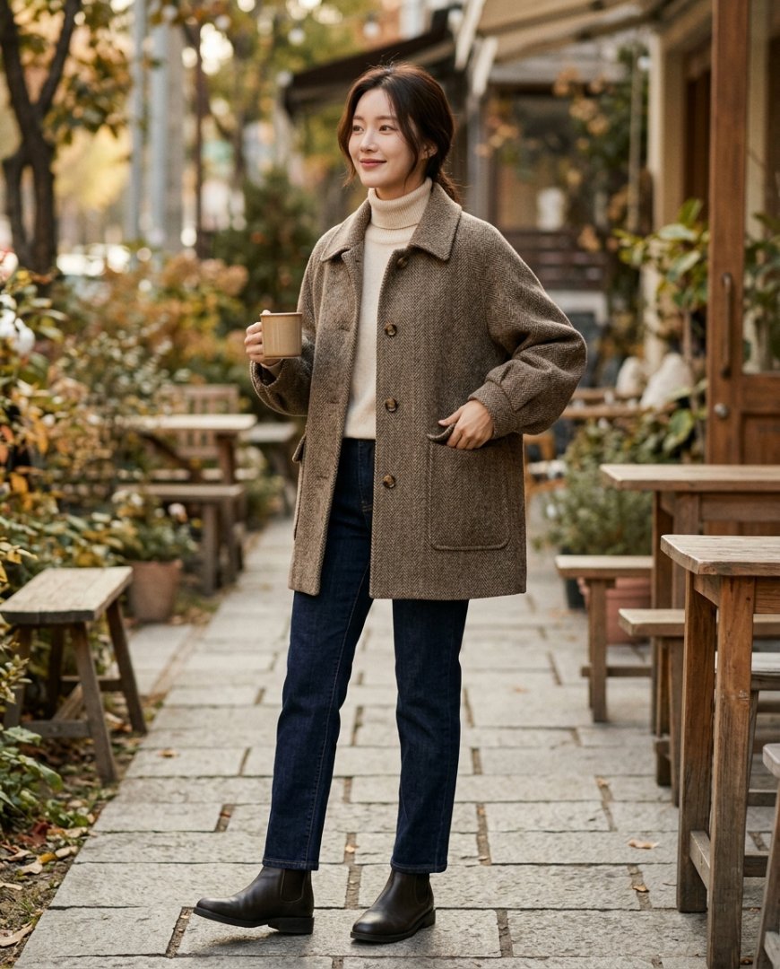 공원 벤치에서 캐주얼 셔츠와 로퍼로 나들이를 즐기는 가족