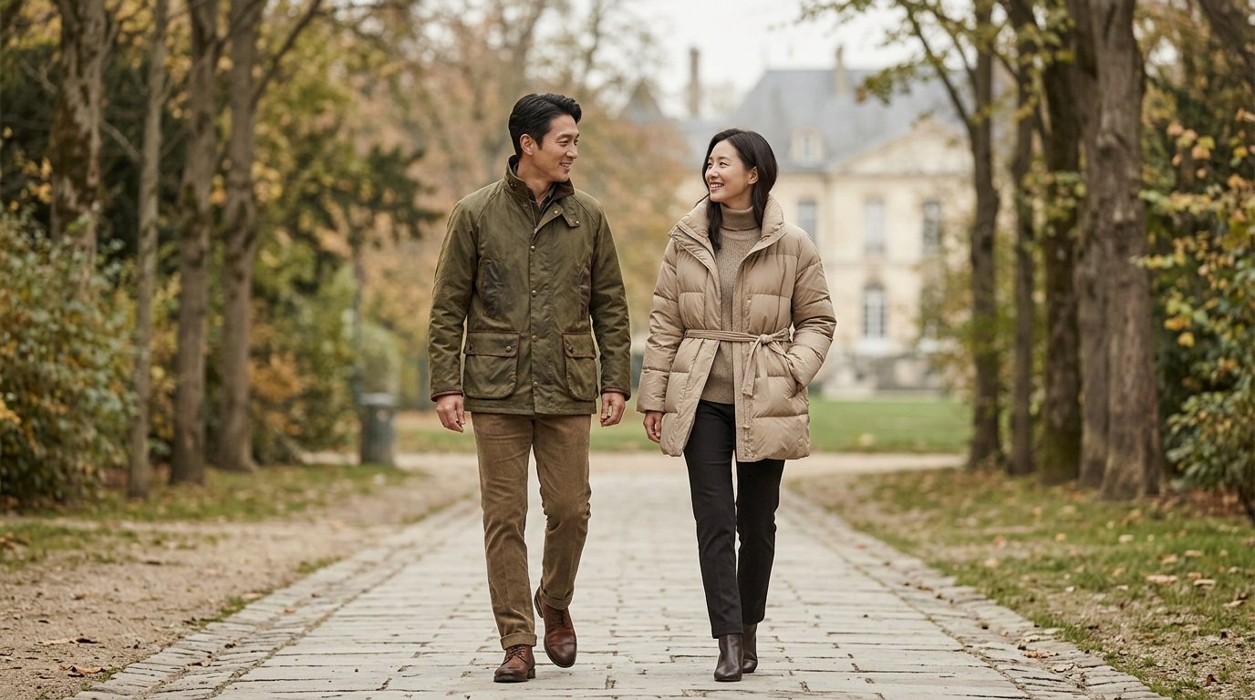 공원이나 거리 장면에서 캐쥬얼 및 정장형 점퍼를 입은 인물들이 걷고 있는 모습