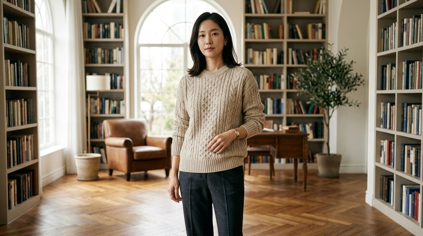 페피 스타일의 도시 거리에서 모델이 닥스 니트를 입고 포즈를 취하고 있음