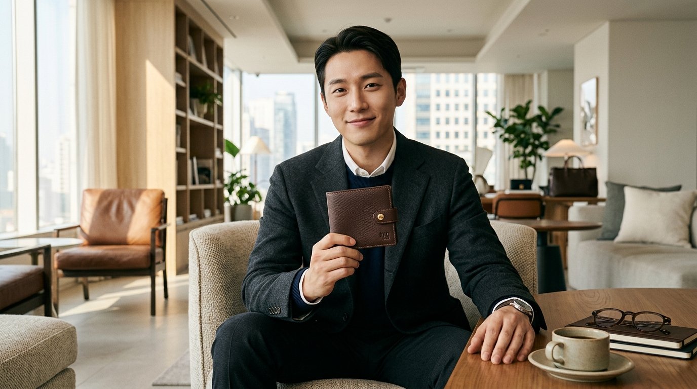 다양한 색상의 가죽 반지갑이 넓게 배열된 모습