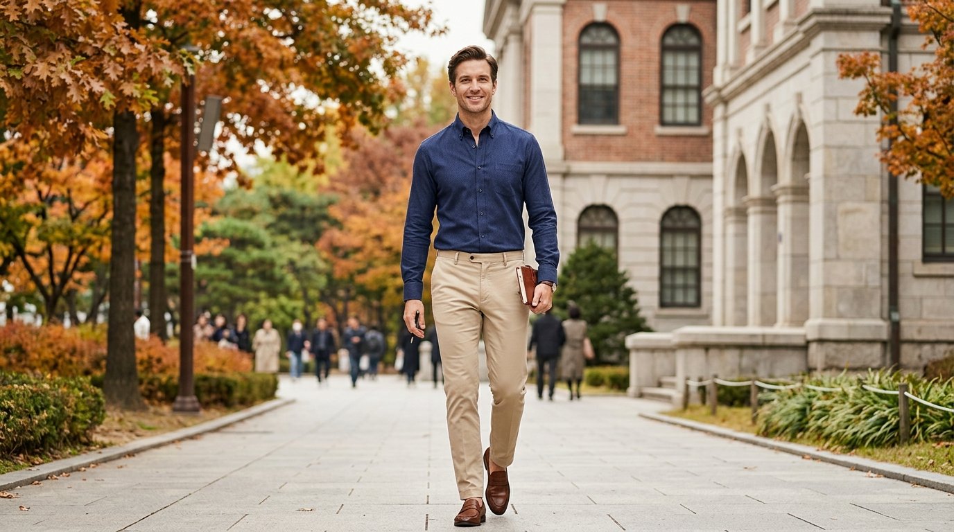 클래식 셔츠를 입고 커피숍에서 독서하는 장면