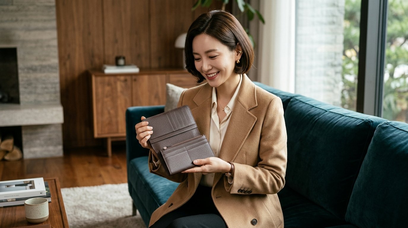 테이블 위에 놓인 다양한 가죽 장지갑과 핸드백의 조합.