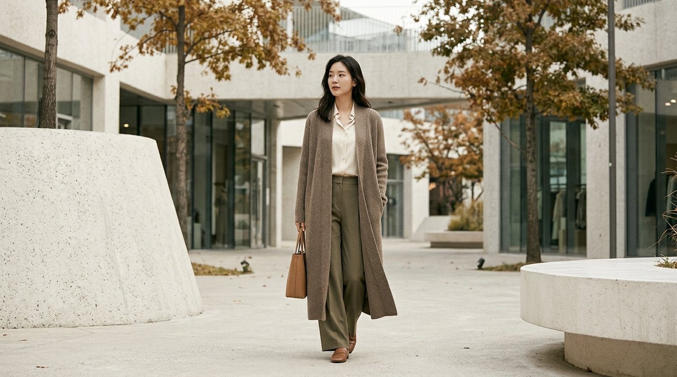 롱가디건을 걸친 여성이 거리에서 카메라를 바라봅니다.
