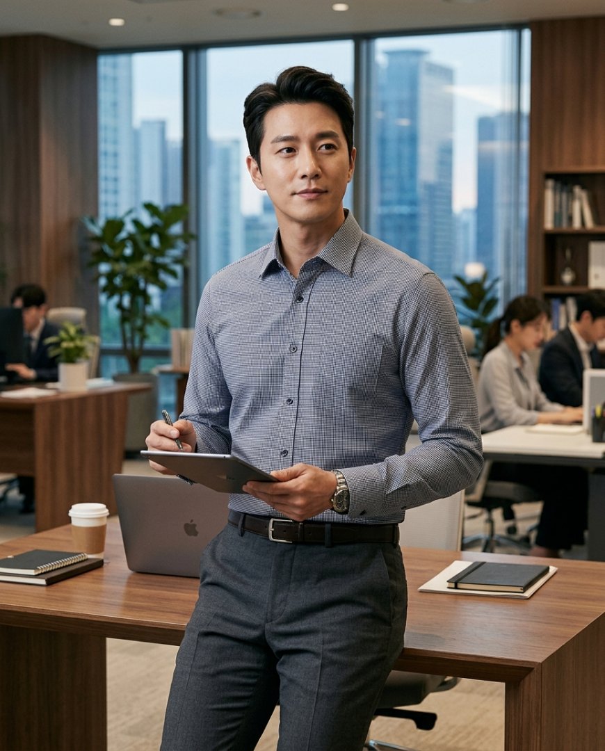 사무실 책상 앞에 앉아 있는 모습