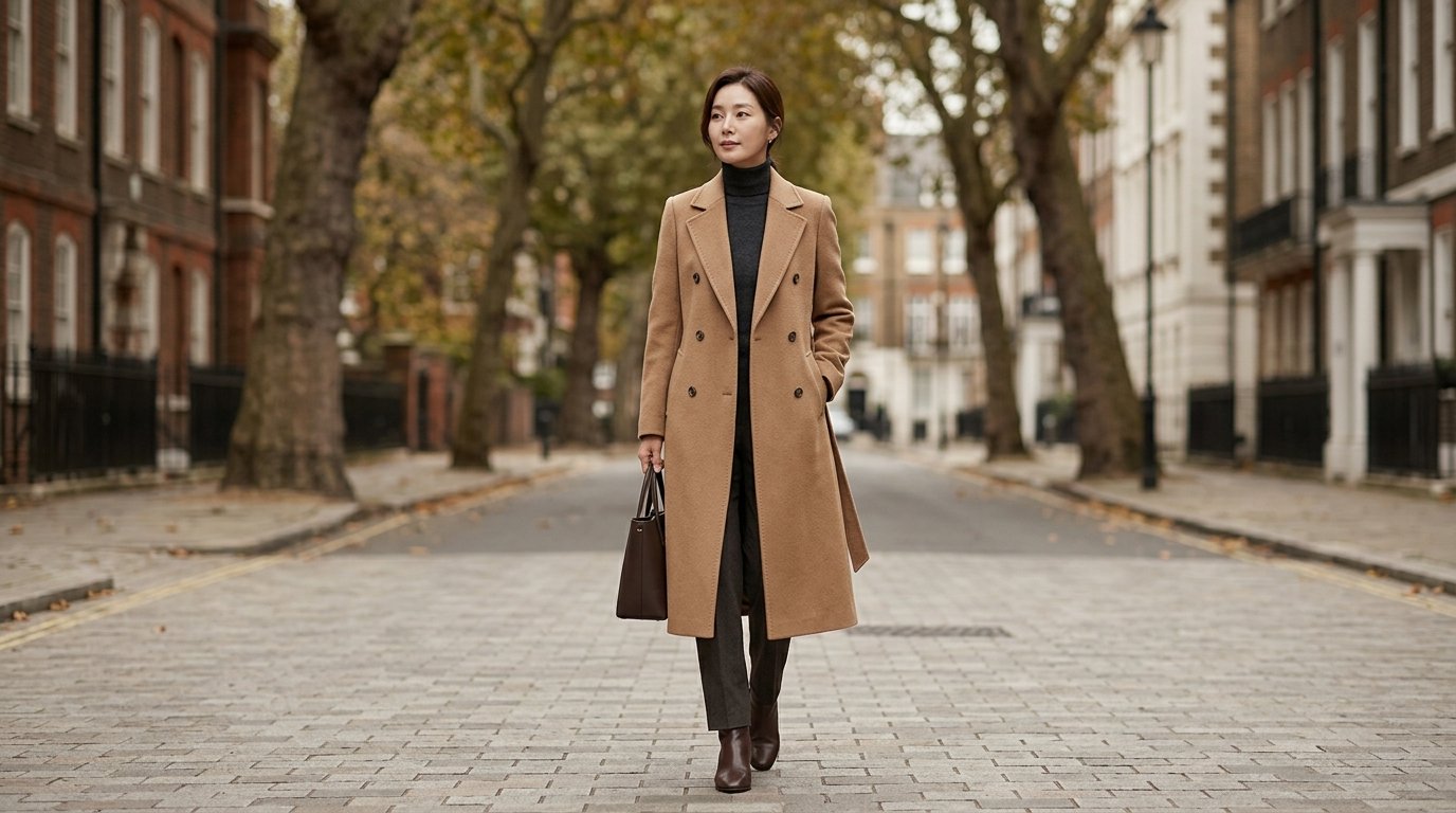 도시 거리에서 롱코트를 입고 걸어가는 사람들