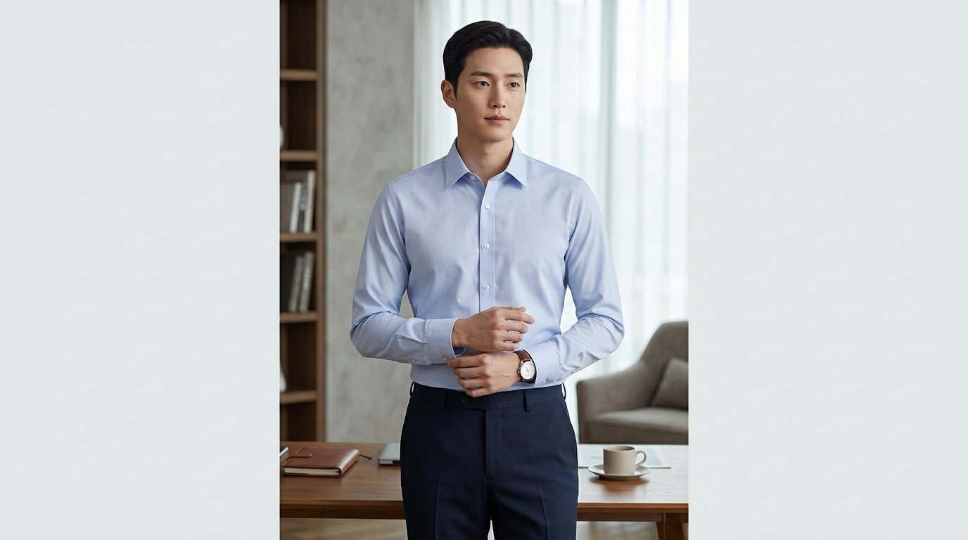고급스러운 진열장에 다양한 드레스셔츠가 걸려 있는 모습