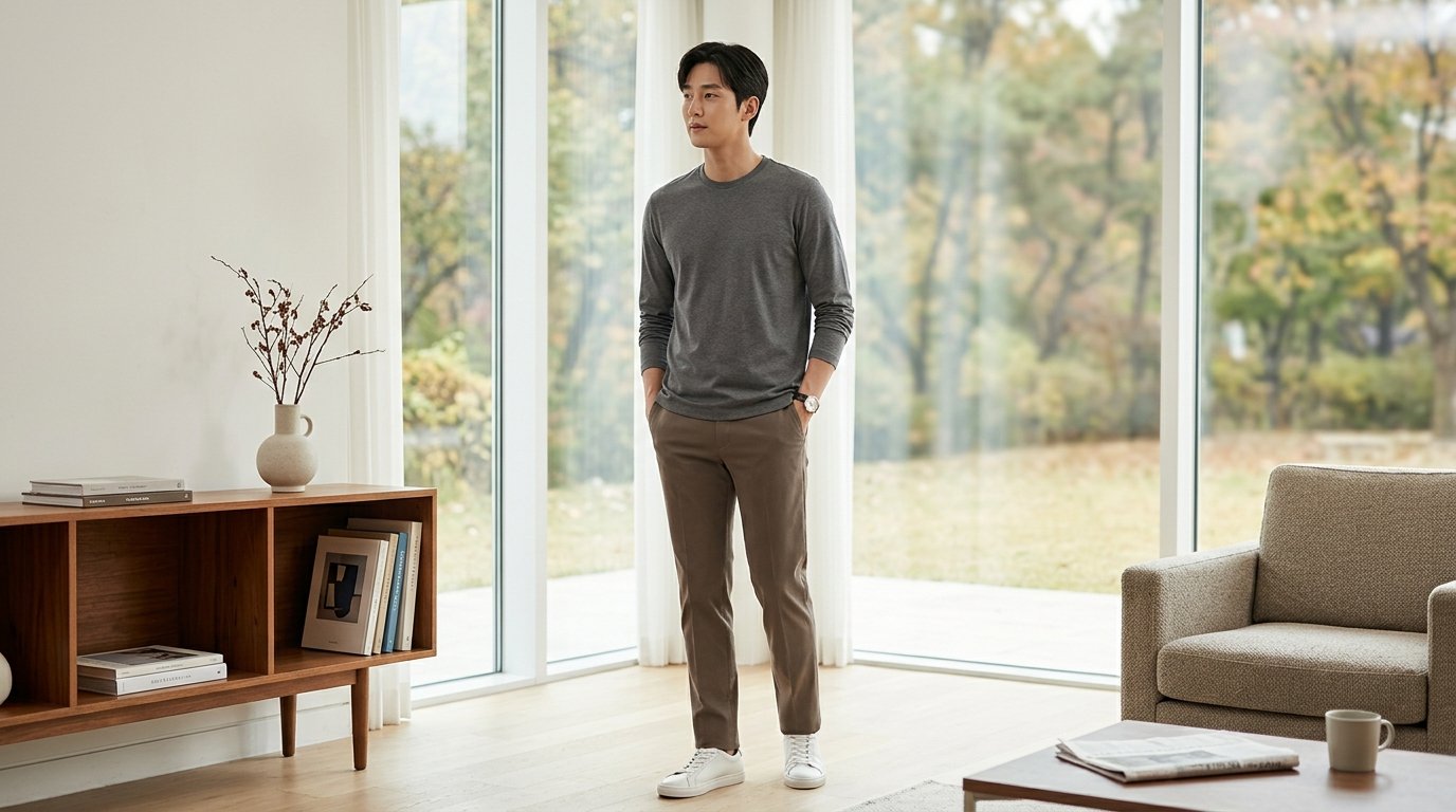도시 거리에서 긴팔티셔츠 착장한 사람들 모습